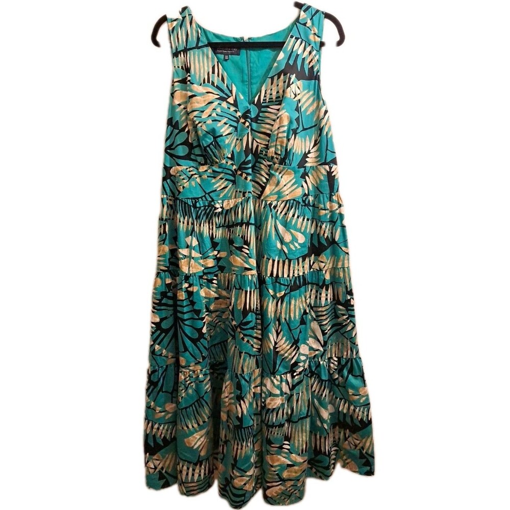 Jones New York  Babydoll Maxi Dress Women 14W Tiered Floral Sleeveless Tropical